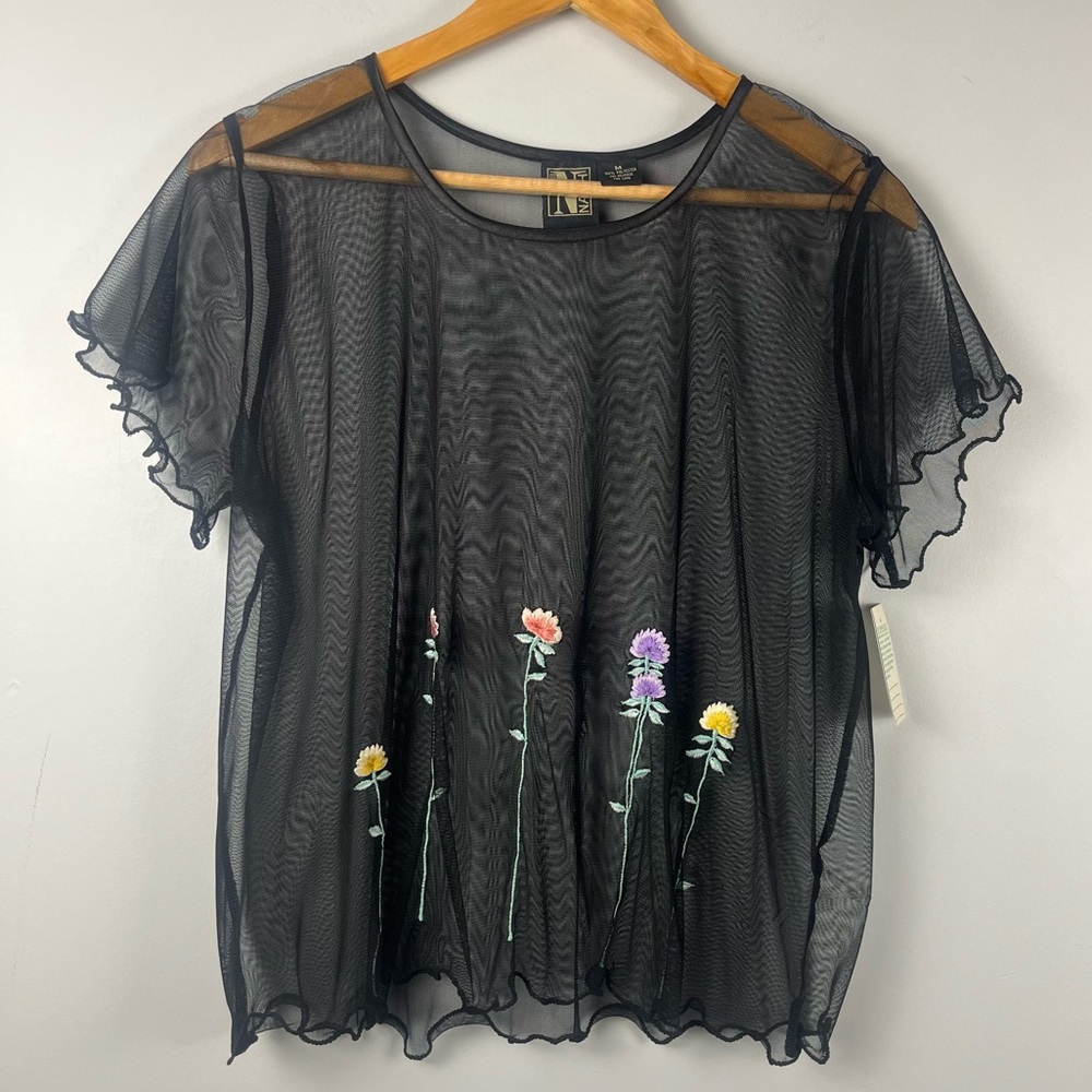 90s Deadstock Nash sheer mesh floral embroidered top size medium